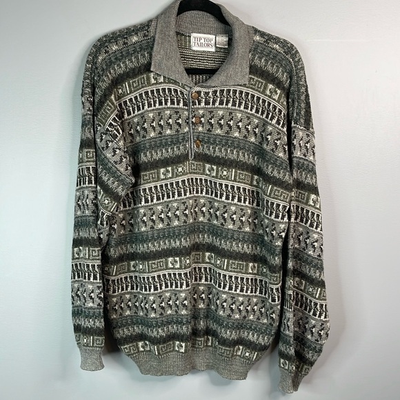 VINTAGE 90s Mens Wool Blend Tip Top FairIsle Style Polo Collar Sweater Grey M - Picture 11 of 11